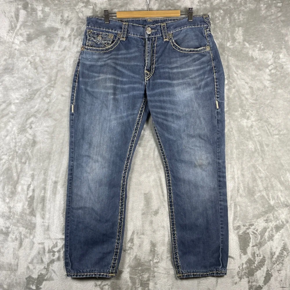 True Religion Straight Jeans Mens 36 Blue Pre-owned Thick Stitch Flap